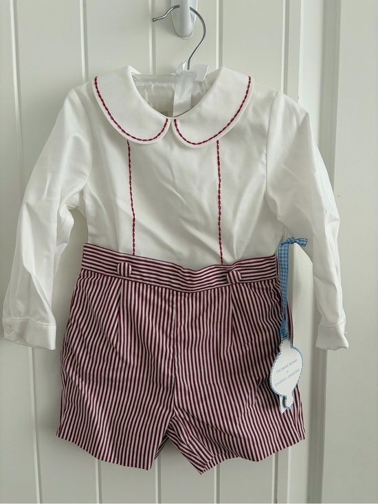 Edgehill Collection Other - Edgehill Collection White Long-Sleeve Peter Pan Collar Romper with Red Stripes